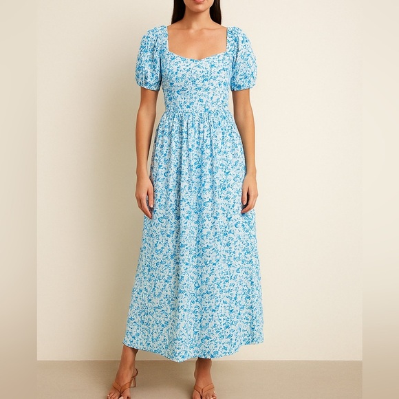 Free People White And Blue Dainty Floral Bohemian Puff Sleeve Maxi Dress - Picture 1 of 9
